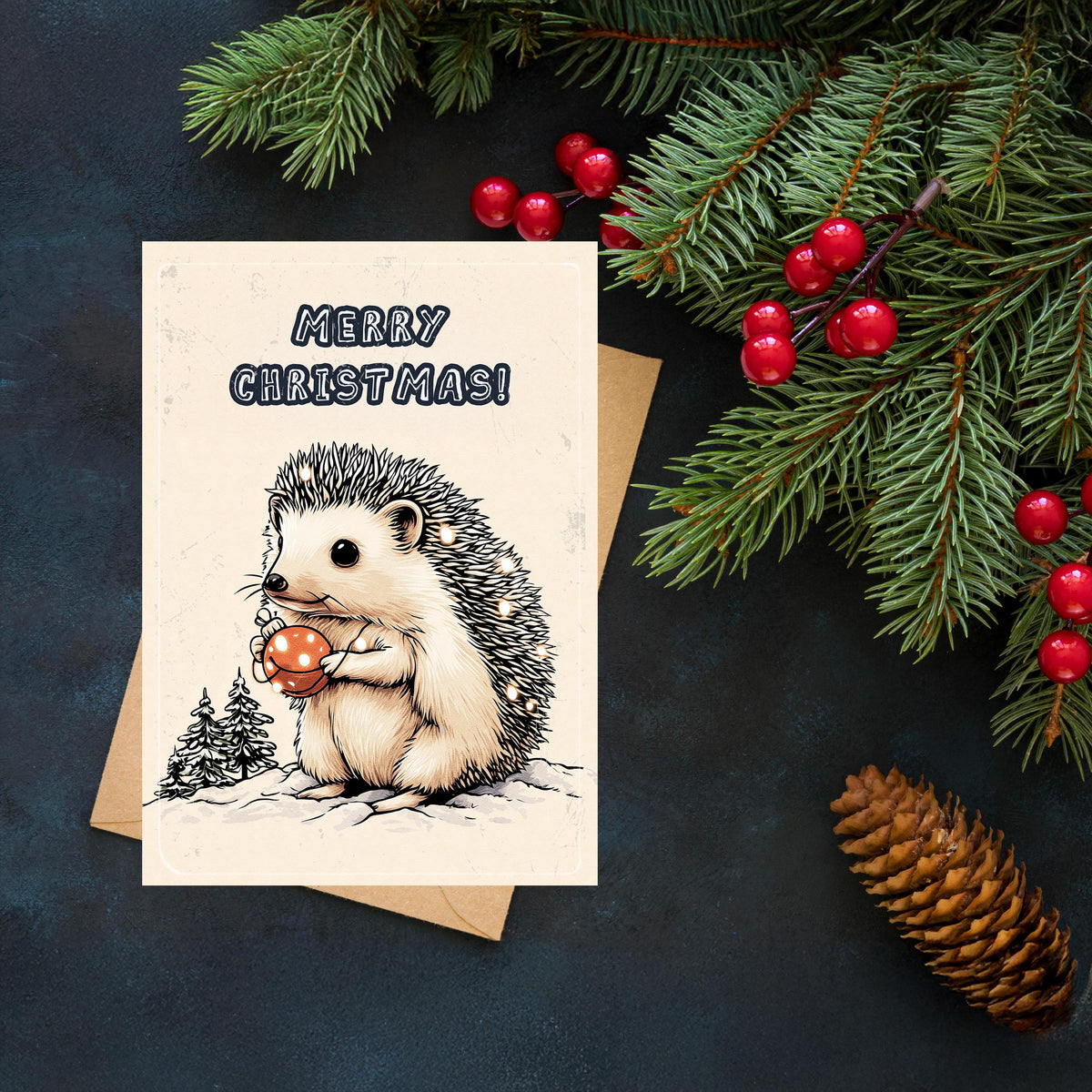 Funny Hedgehog Christmas Card | Japanese Art Style Holiday Greeting