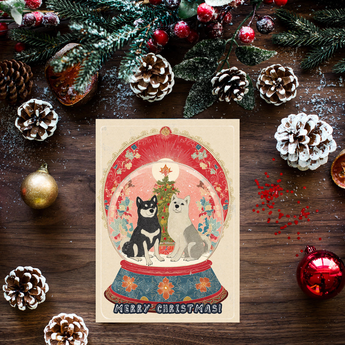 Dog Snow Globe Christmas Card | Japanese Art Holiday Greeting