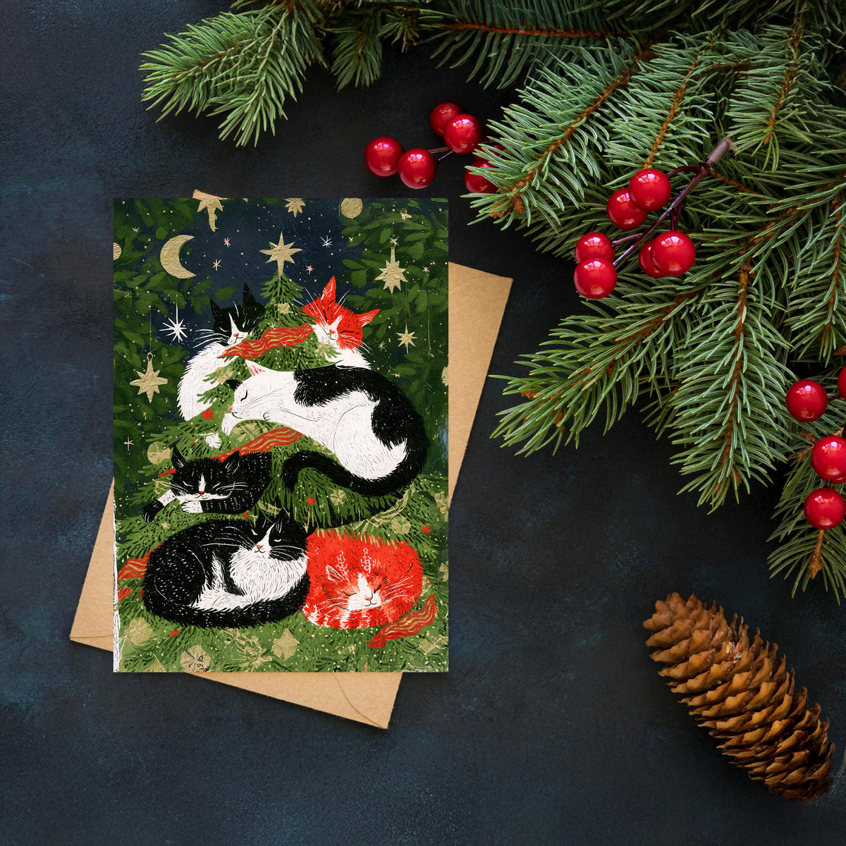 Cat Christmas Card, Christmas Cat Card, Cute Holiday Greeting, Cat Lover Gift, Festive Cat Card, Woodland Christmas Card, Cozy Christmas