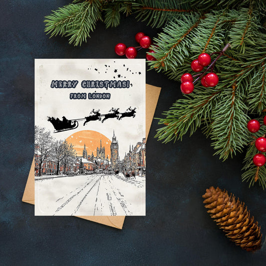 Santa Over London Christmas Card • UK Holiday Greeting