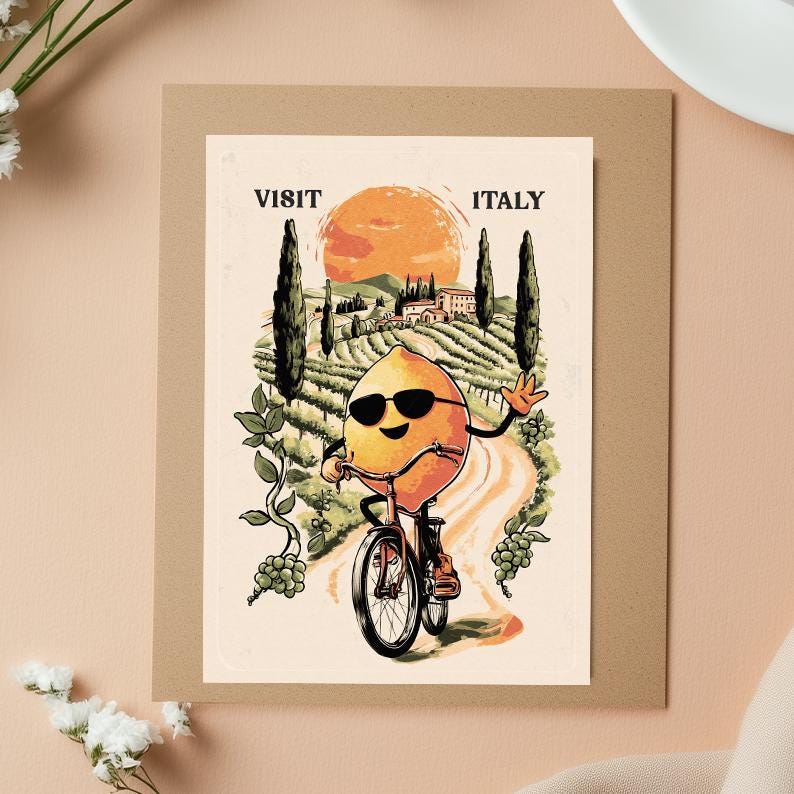 Funny Lemon Birthday Card: Italy Travel Theme, Bicycle Pun