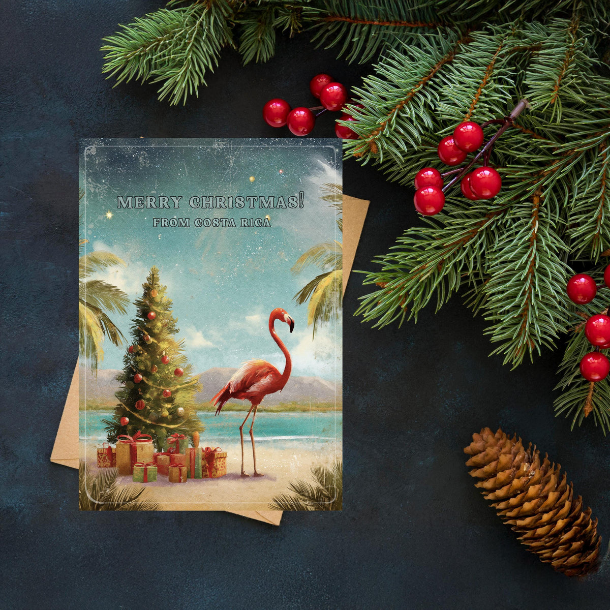 Costa Rica Christmas Card | Tropical Flamingo Holiday Greeting
