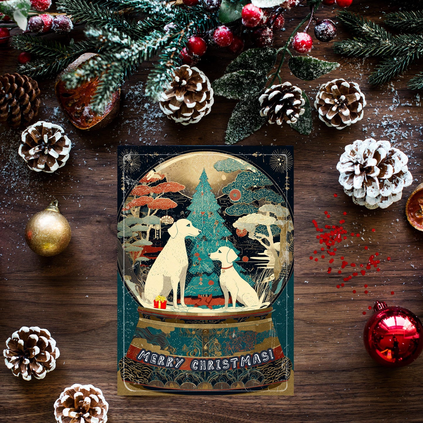 Dog Snow Globe Christmas Card | Japanese Art Holiday Greeting