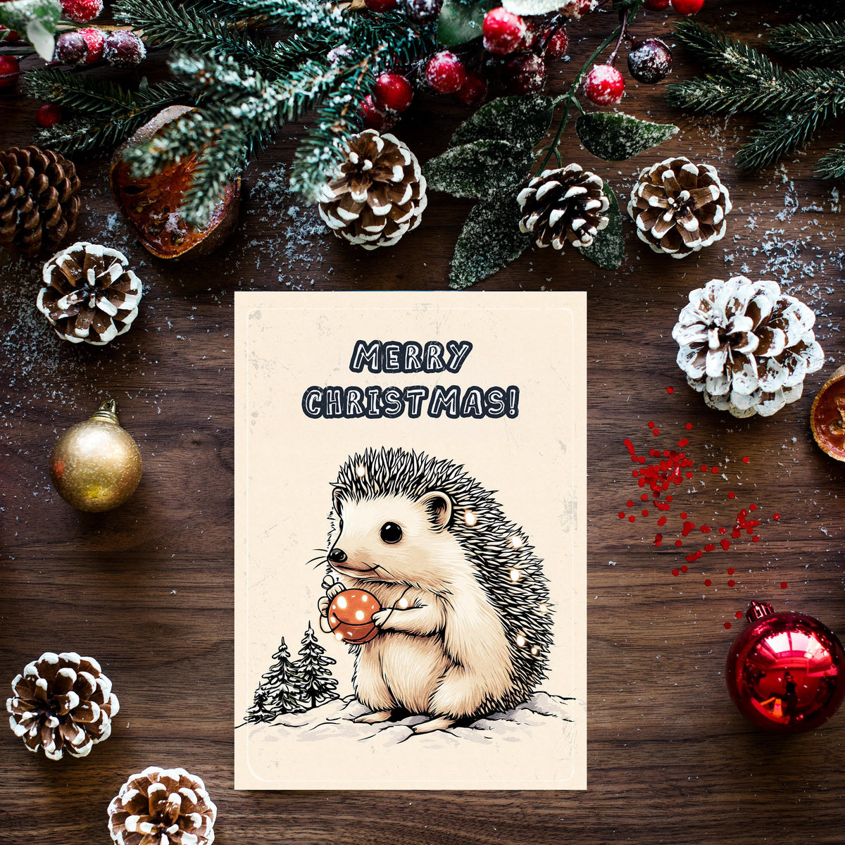 Funny Hedgehog Christmas Card | Japanese Art Style Holiday Greeting