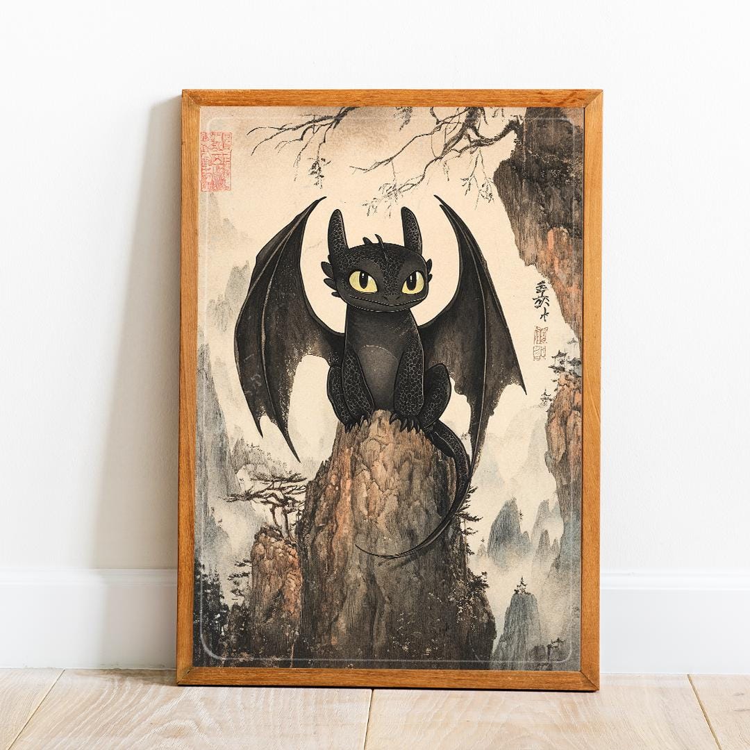 Toothless Dragon Art Print: Japanese-Style How to Train Your Dragon Poster