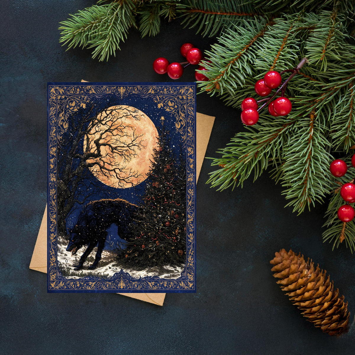 Wolf Christmas Card, Gothic Wolf Art, Winter Wolf Christmas, Dark Christmas Decor, Moonlit Wolf Art, Woodland Holiday Gift