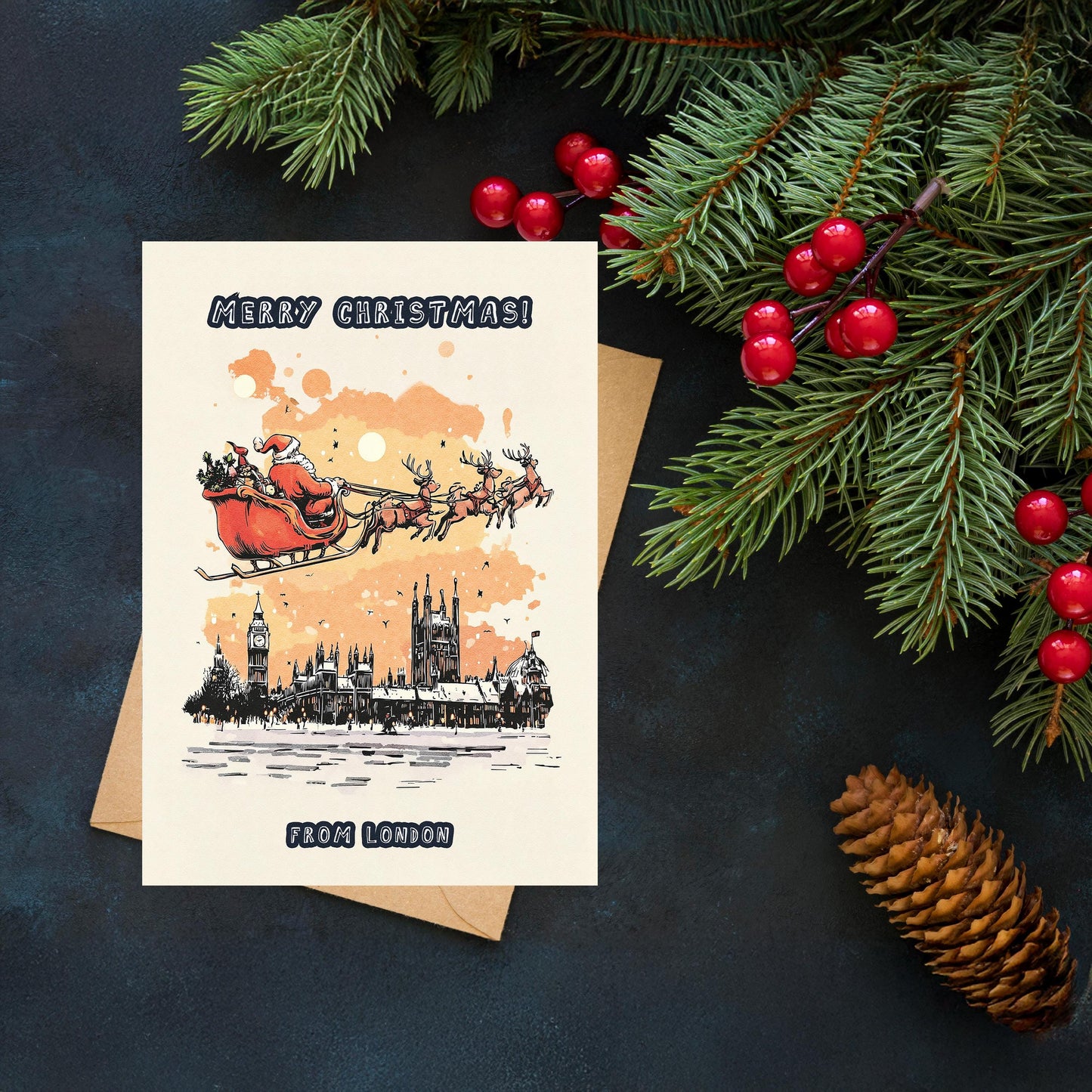 London Christmas Card • Santa Over Big Ben, UK Holiday