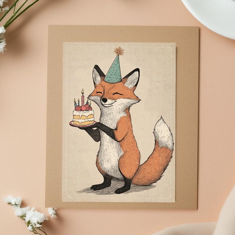 Fox Birthday Card – Cute Woodland Animal Greeting Card – Fox with Cake – Funny Birthday Card for Nature & Animal Lovers – Party Hat Card