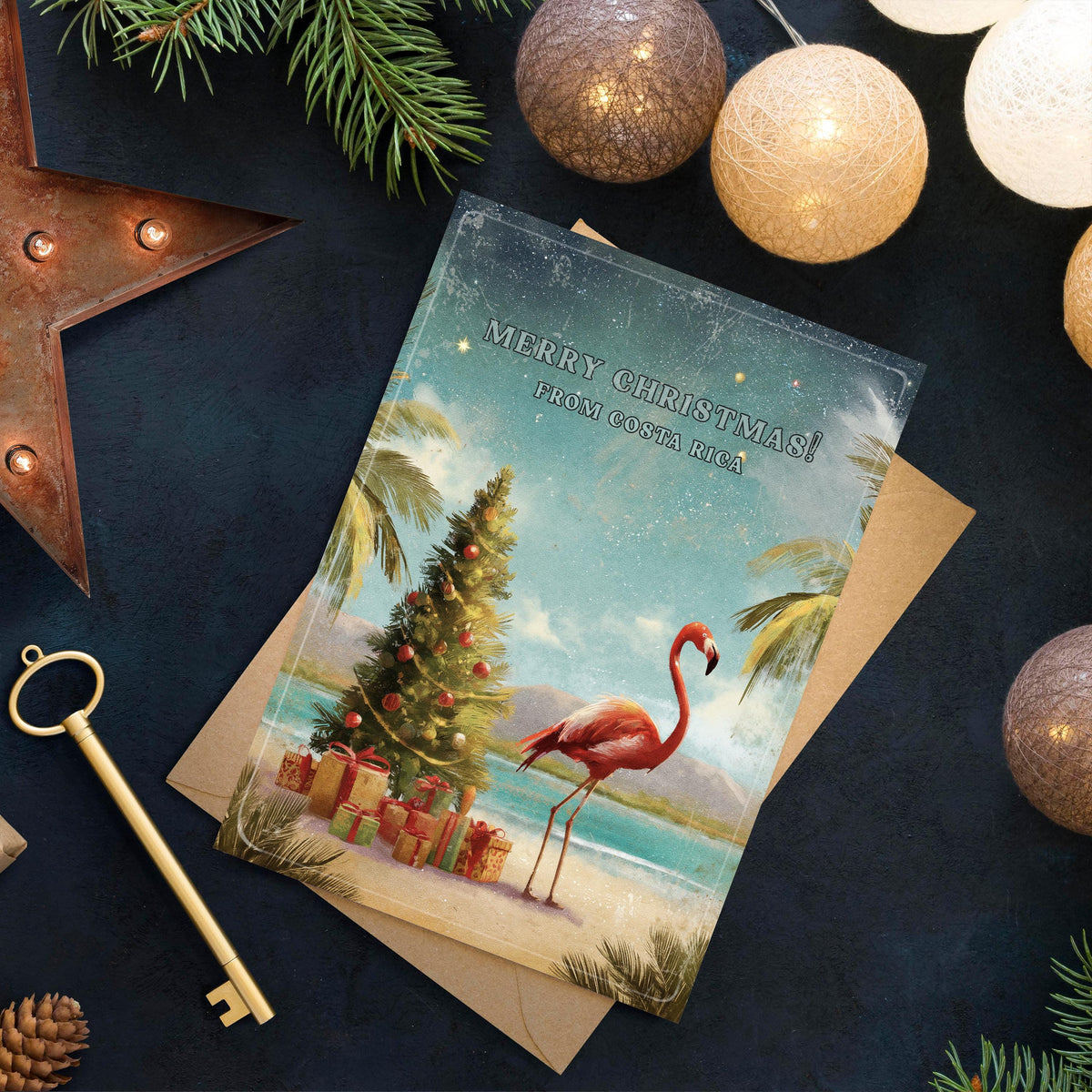Costa Rica Christmas Card | Tropical Flamingo Holiday Greeting