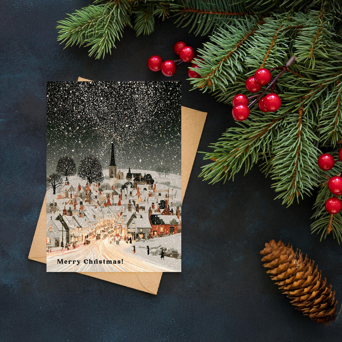 Vintage Winter Village Christmas Card, Snowy Christmas Town Greeting Card, Traditional Holiday Card, Cozy Winter Scene, Christmas Card