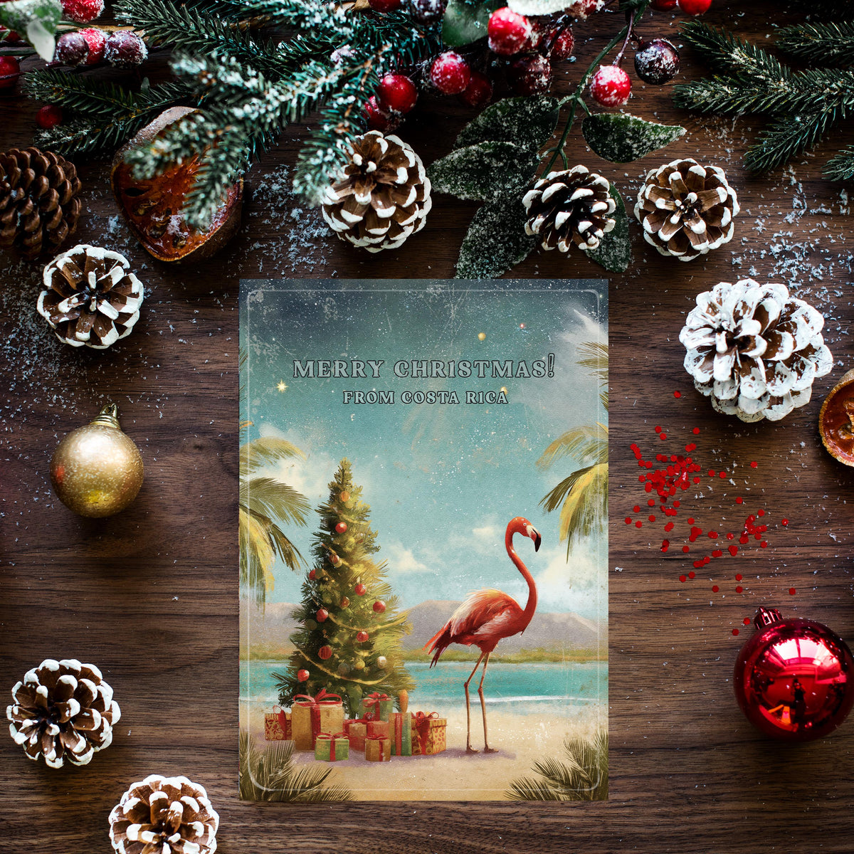 Costa Rica Christmas Card | Tropical Flamingo Holiday Greeting