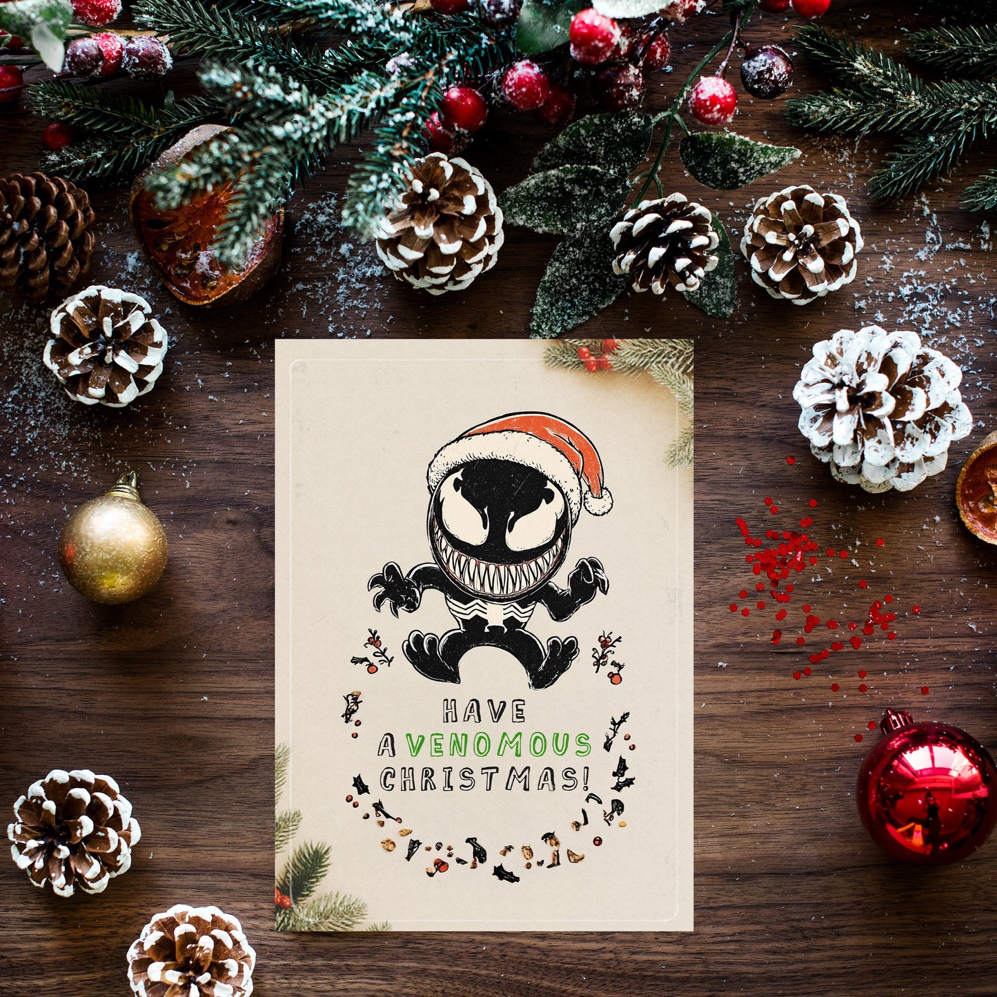 Funny Venom Christmas Card – Marvel Inspired Holiday Greeting – Geeky Superhero Xmas Card for Him or Her - spiderman card