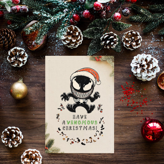 Funny Venom Christmas Card – Marvel Inspired Holiday Greeting – Geeky Superhero Xmas Card for Him or Her - spiderman card