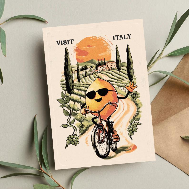 Funny Lemon Birthday Card: Italy Travel Theme, Bicycle Pun
