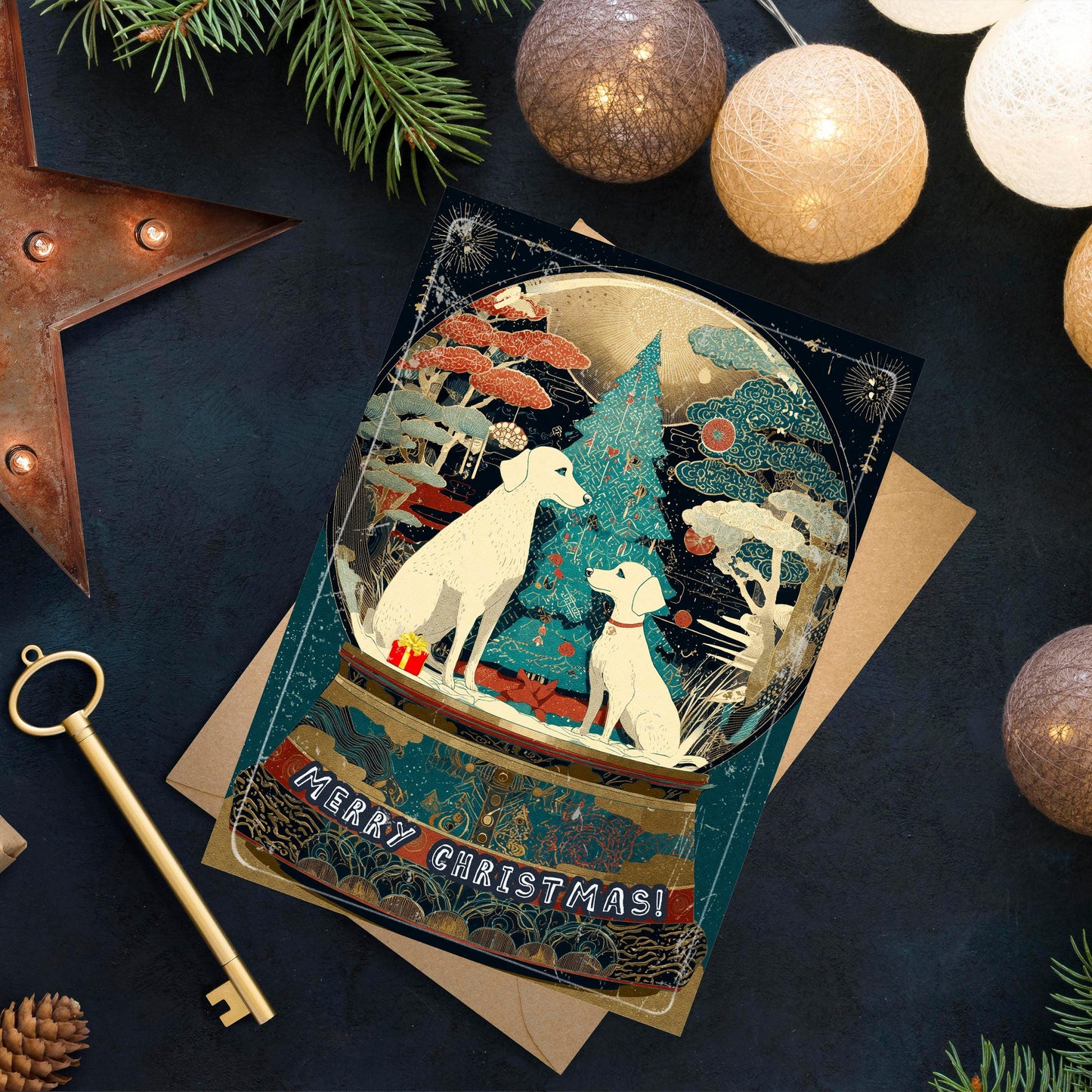 Dog Snow Globe Christmas Card | Japanese Art Holiday Greeting