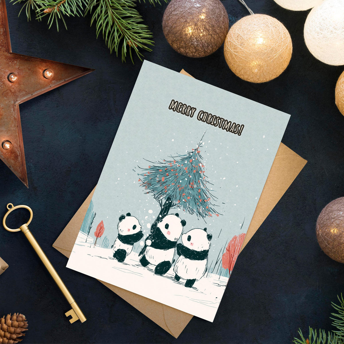 Panda Christmas Card, Cute Panda Xmas Card, Kawaii Christmas Card, Panda Holiday Greeting, Cute Animal Christmas Gift