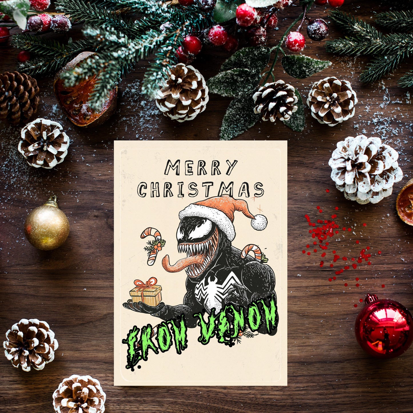 Funny Venom Christmas Card – Marvel Inspired Holiday Greeting – Geeky Superhero Xmas Card for Him or Her - spiderman card