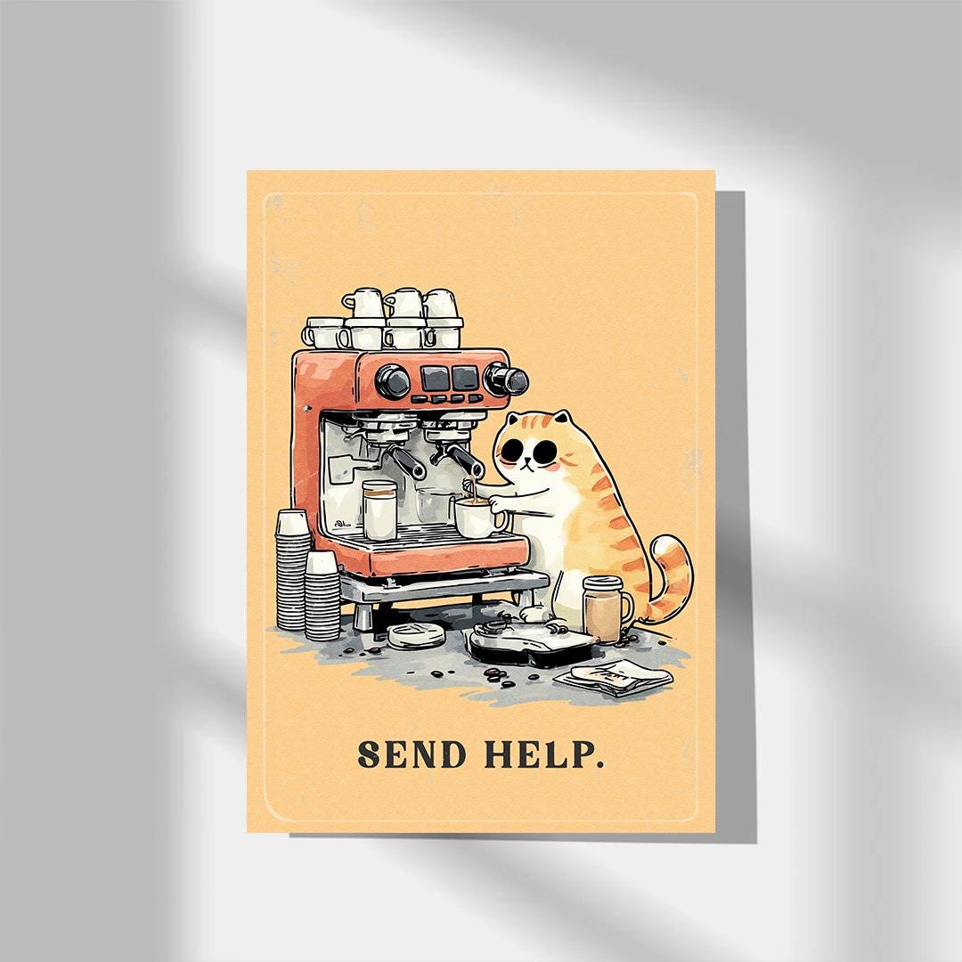 Funny Barista Cat Poster | "Send Help" Coffee Art Print