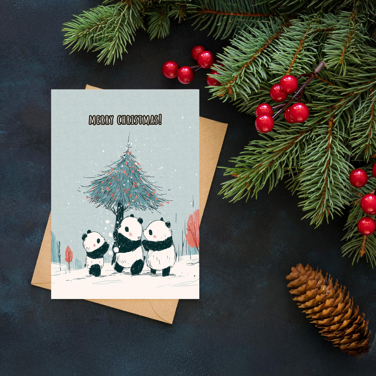 Panda Christmas Card, Cute Panda Xmas Card, Kawaii Christmas Card, Panda Holiday Greeting, Cute Animal Christmas Gift
