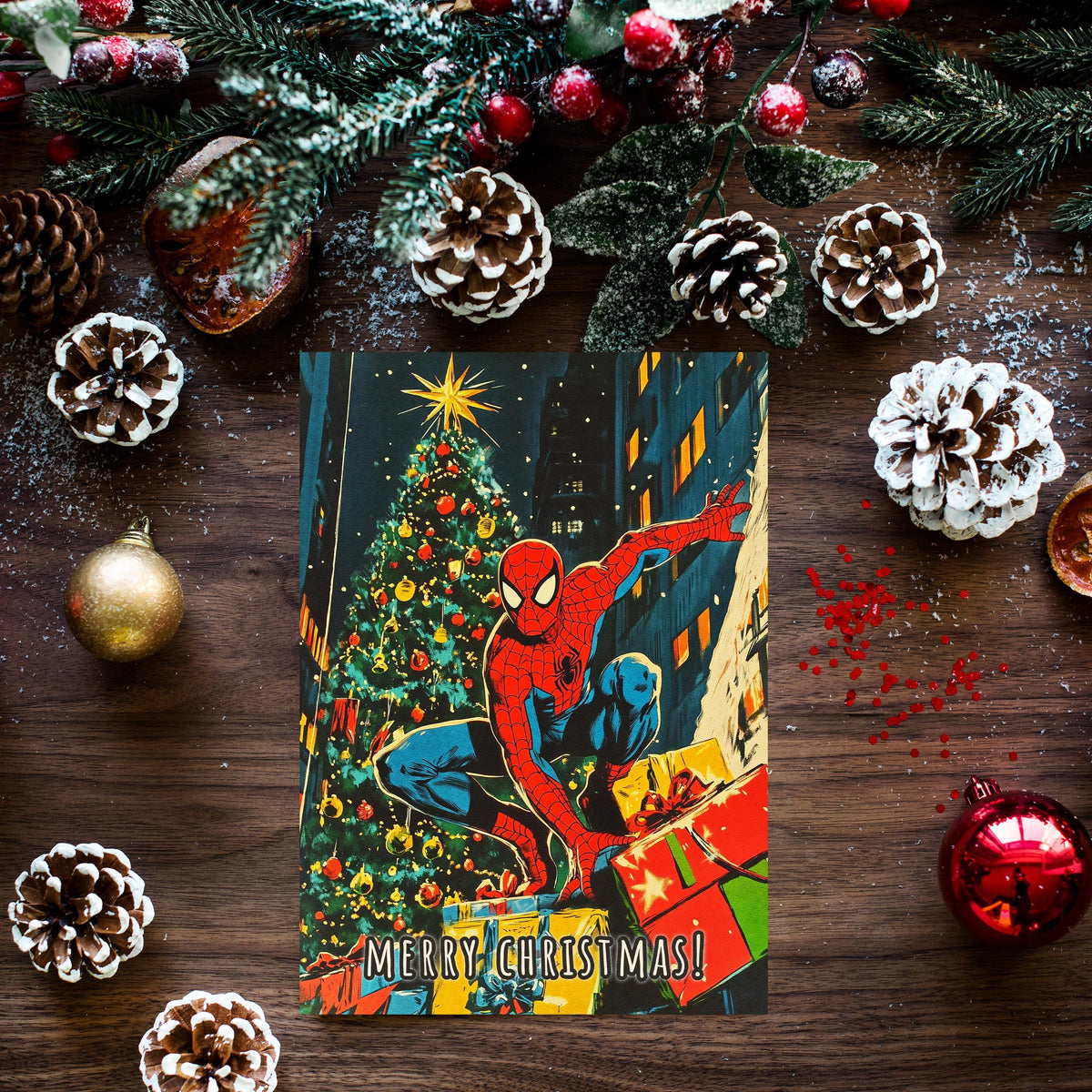 Spider-Man Christmas Card, Marvel Superhero Xmas Card, Spiderman Holiday Card, Comic Book Christmas, Superhero Gift, Geek Christmas