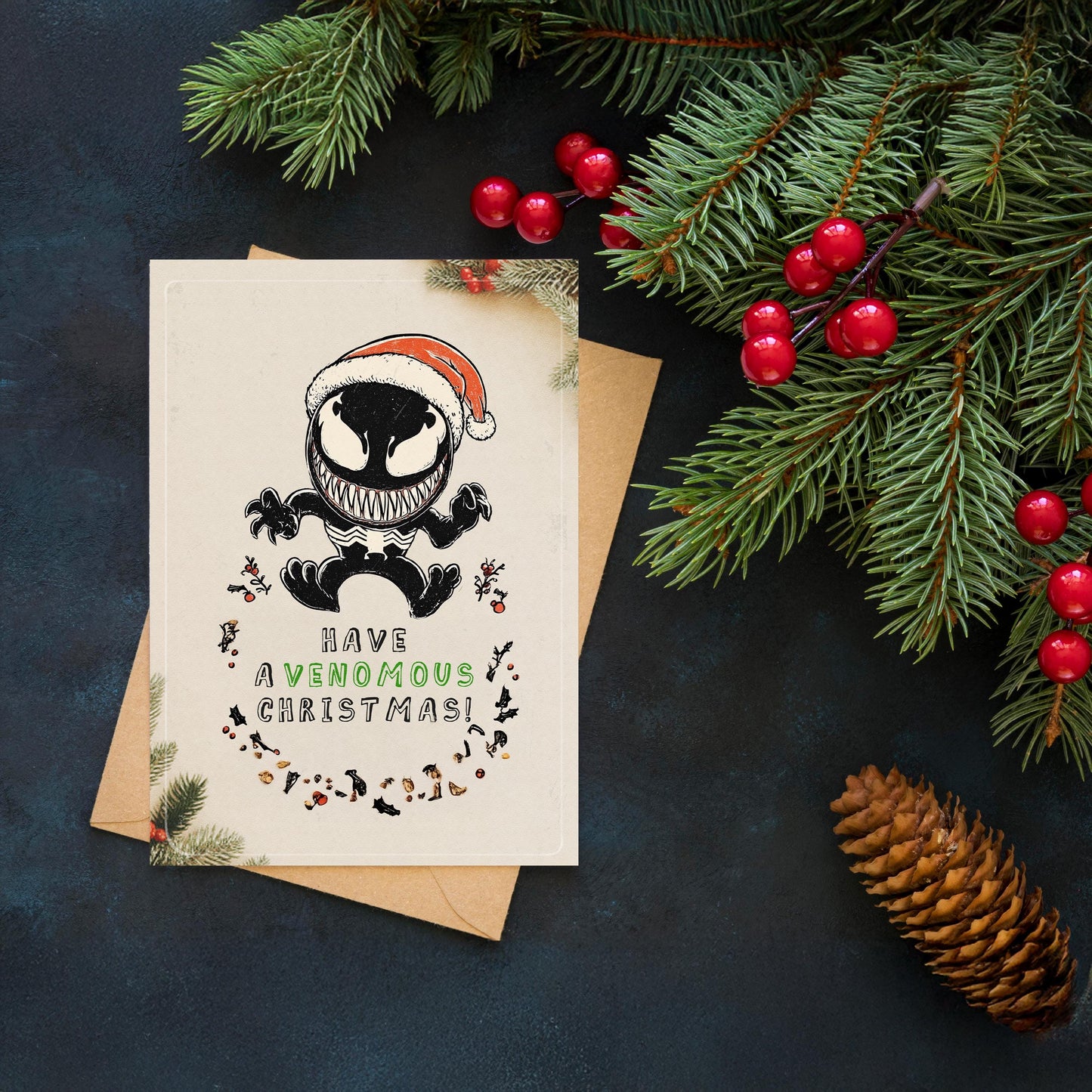 Funny Venom Christmas Card – Marvel Inspired Holiday Greeting – Geeky Superhero Xmas Card for Him or Her - spiderman card