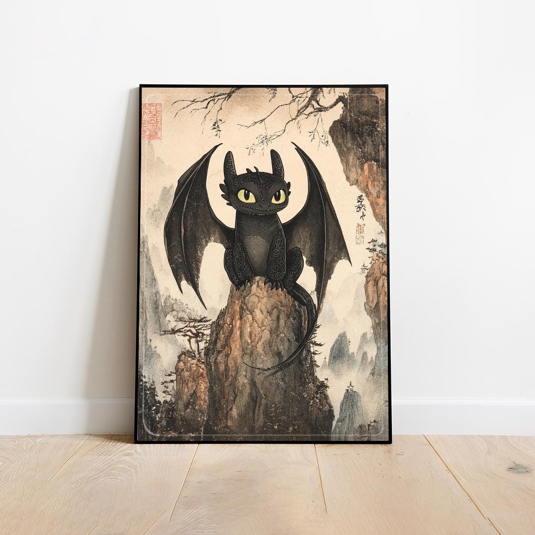 Toothless Dragon Art Print: Japanese-Style How to Train Your Dragon Poster