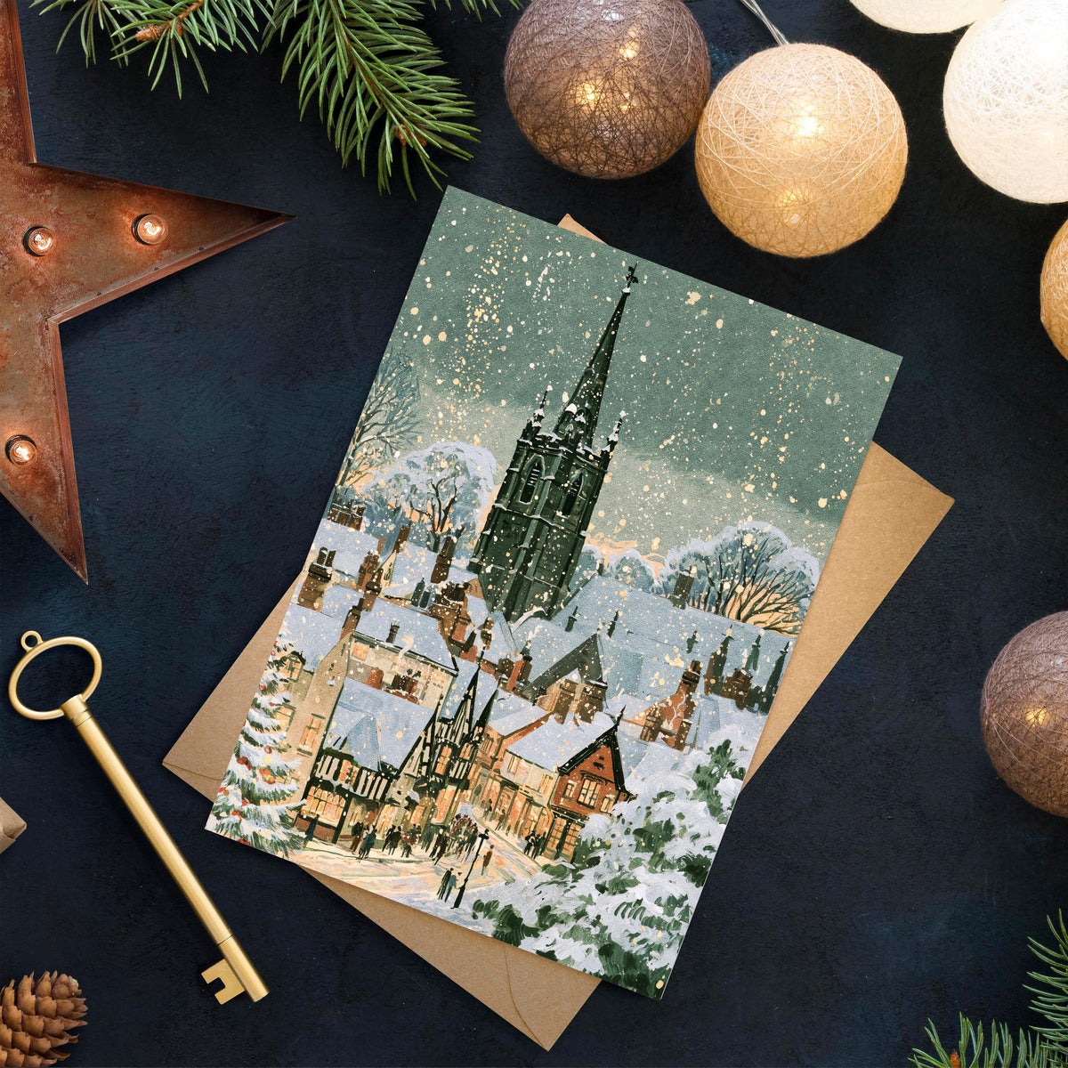 Vintage Winter Village Christmas Card, Snowy Christmas Town Greeting Card, Traditional Holiday Card, Cozy Winter Scene, Christmas Card
