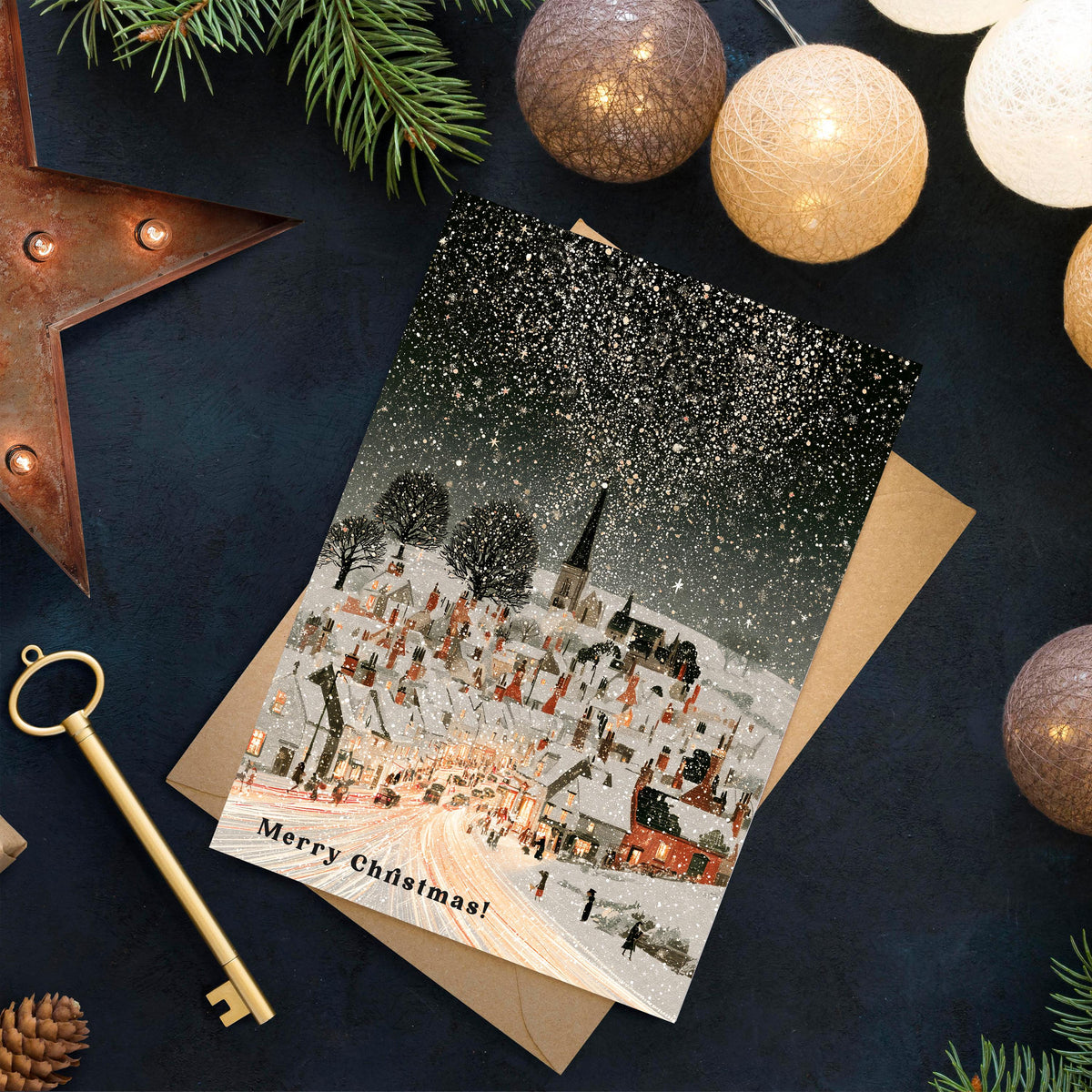 Vintage Winter Village Christmas Card, Snowy Christmas Town Greeting Card, Traditional Holiday Card, Cozy Winter Scene, Christmas Card