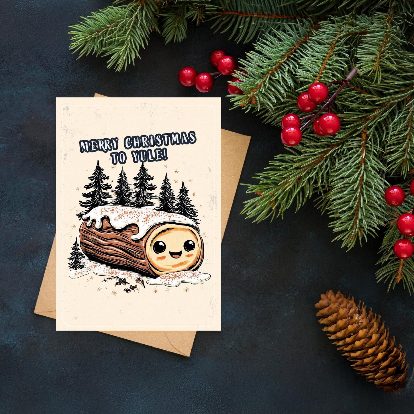 Funny Yule Log Christmas Card, Kawaii Pun Greeting