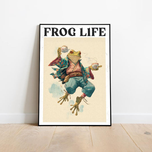 Japanese Frog Print: Zen Tea Ceremony, Whimsical Wall Art