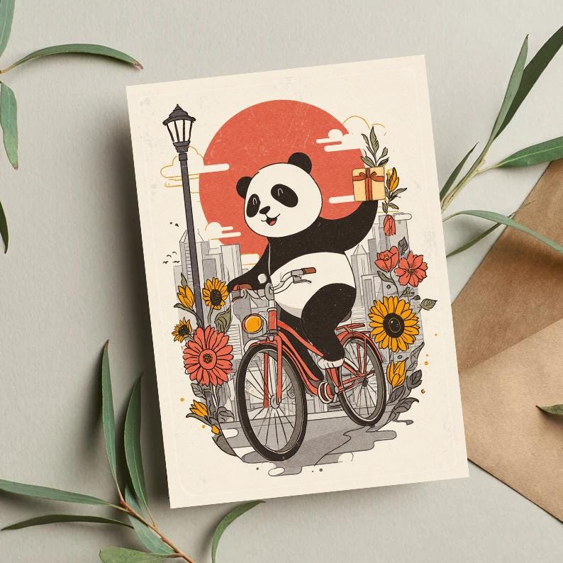 Panda Birthday Card – Cute Animal on Bicycle, Funny Birthday Card, Panda art, Nature Lover Birthday Card, gift for him, gift for her