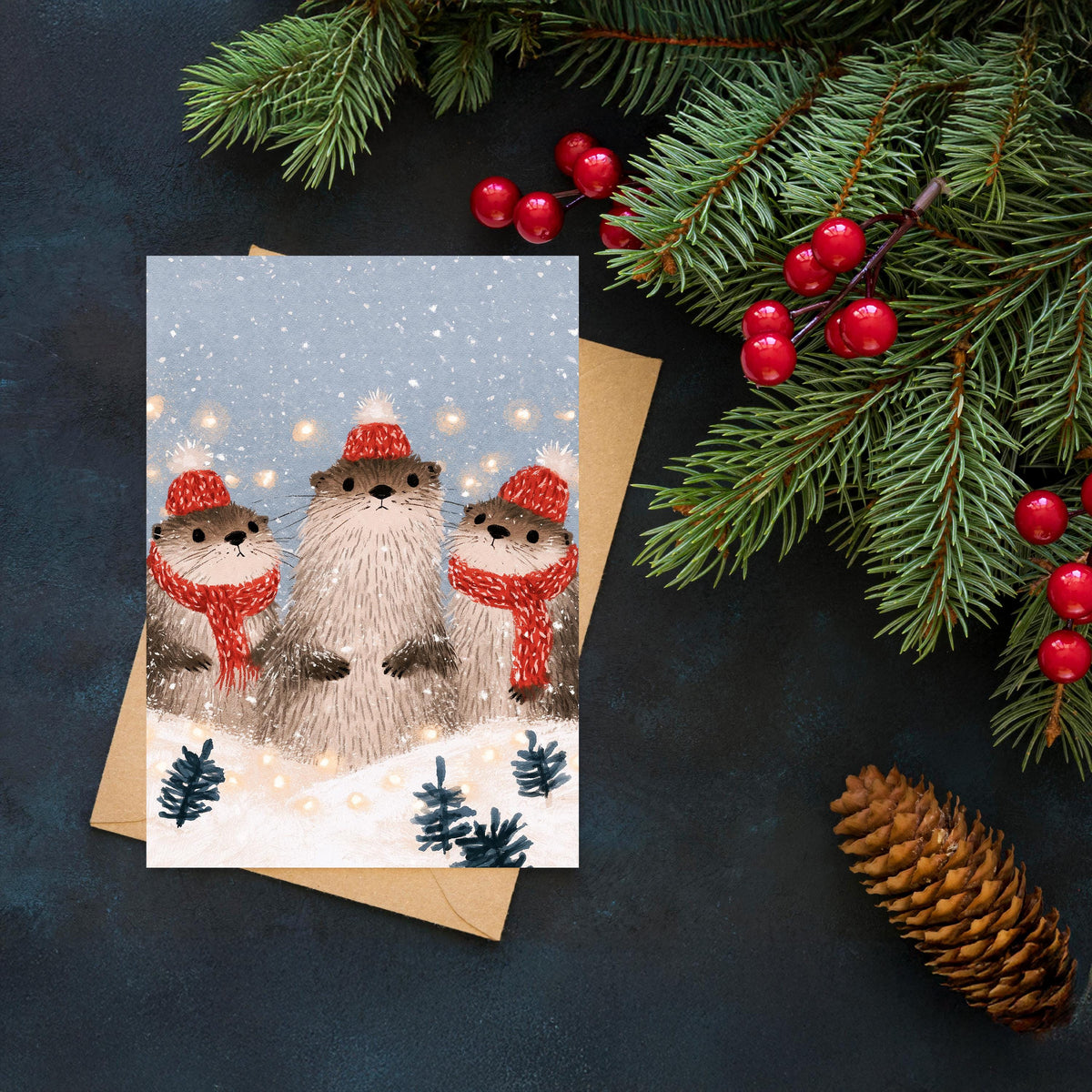 Otter Christmas Card, Cute Otter Family Christmas, Woodland Animal Card, Christmas Otter Greeting Card, Winter Wildlife Gift, Otter Lover