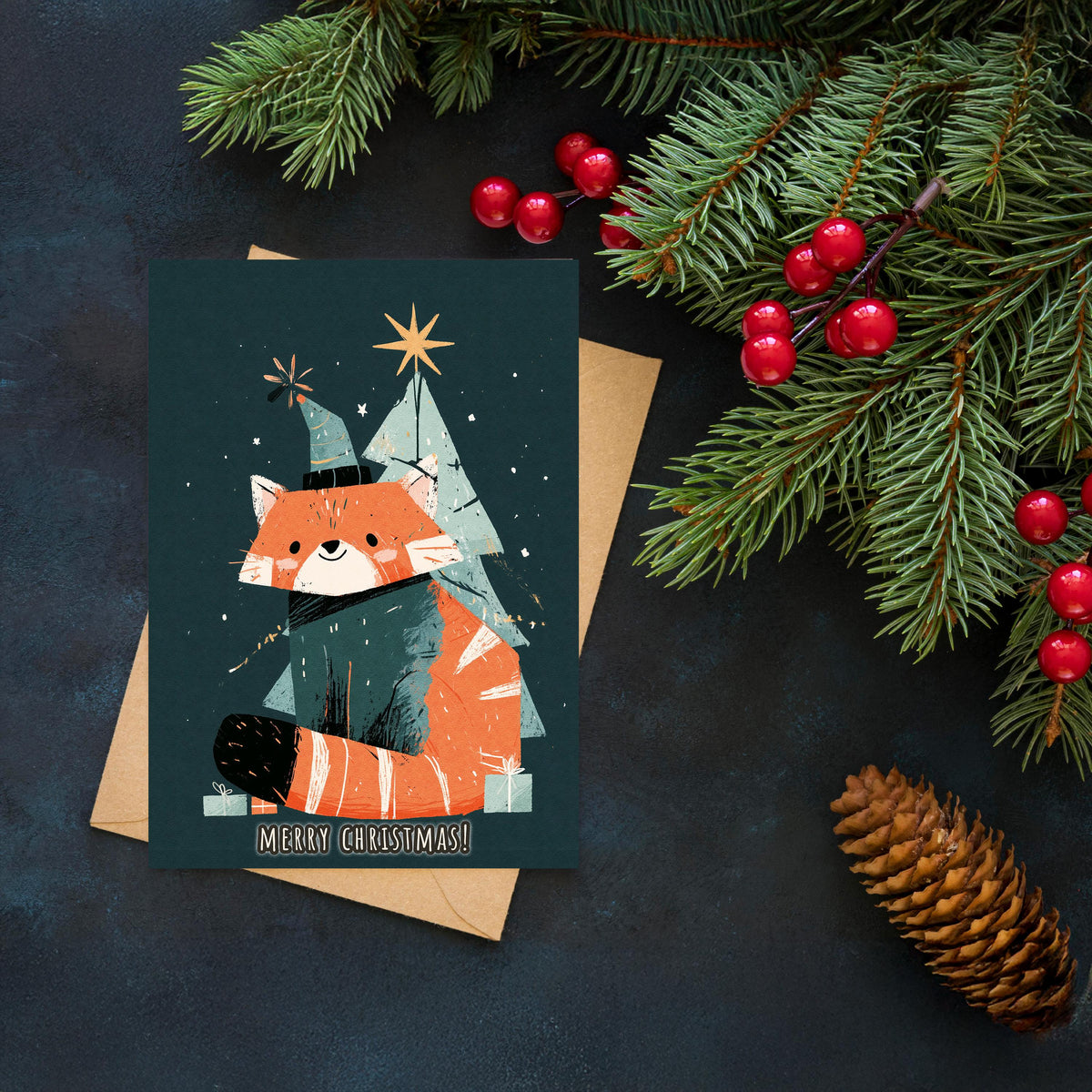 Red Panda Christmas Card, Cute Red Panda Xmas Card, Kawaii Animal Card, Woodland Christmas Card, Red Panda Gift, Winter Holiday Card