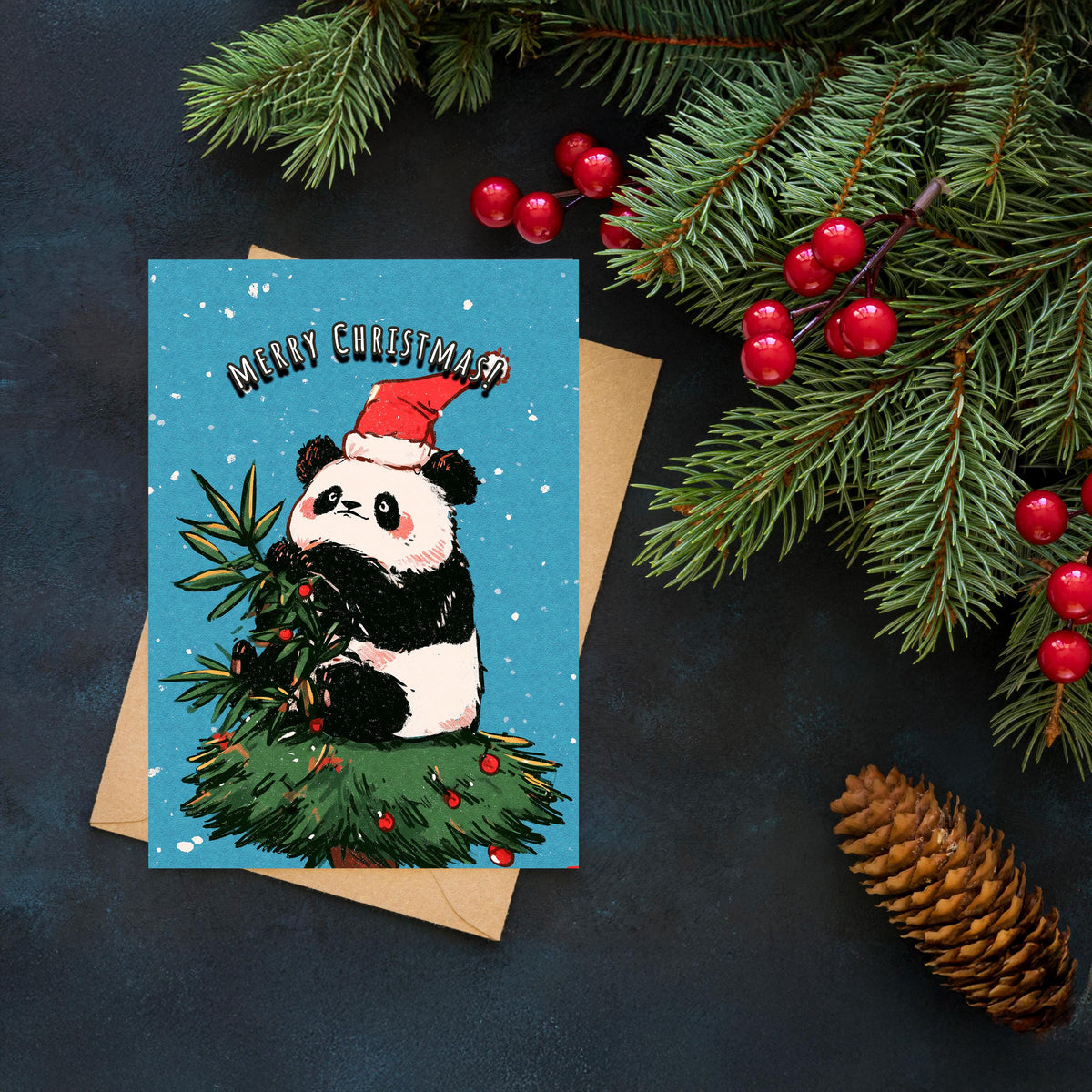 Panda Christmas Card, Cute Panda Xmas Card, Kawaii Christmas Card, Panda Holiday Greeting, Cute Animal Christmas Gift