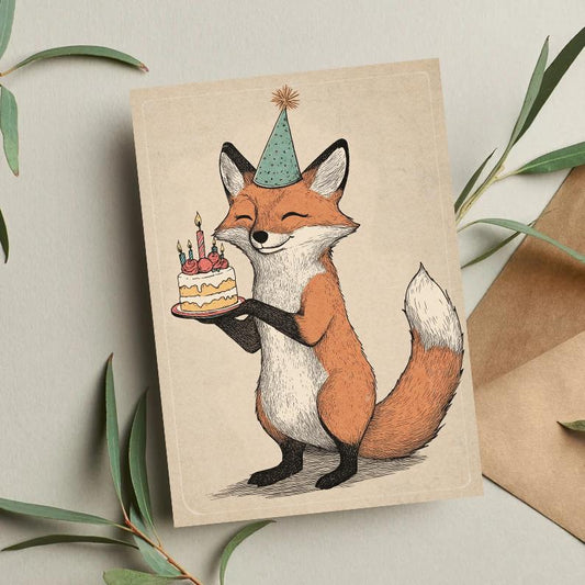 Fox Birthday Card – Cute Woodland Animal Greeting Card – Fox with Cake – Funny Birthday Card for Nature & Animal Lovers – Party Hat Card