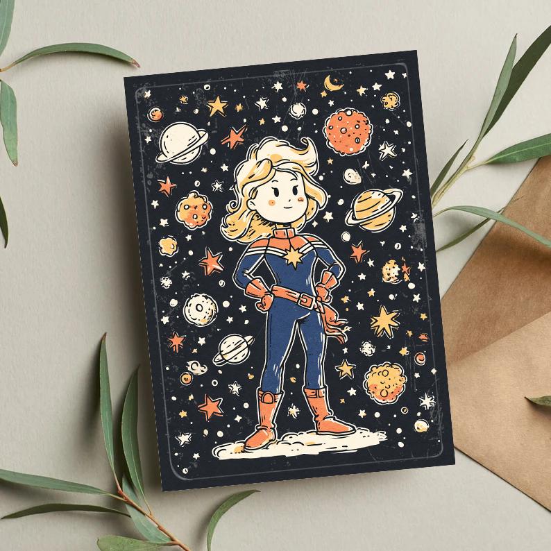 Captain Marvel Birthday Card | Cosmic Superhero Art