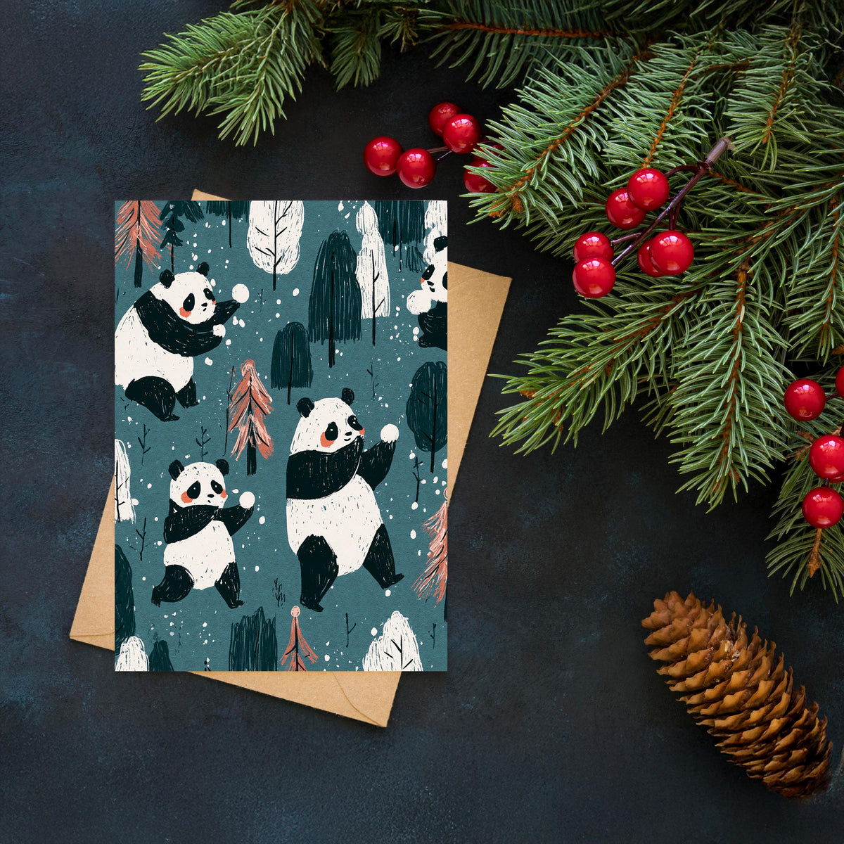 Panda Christmas Card, Cute Panda Xmas Card, Kawaii Christmas Card, Panda Holiday Greeting, Cute Animal Christmas Gift