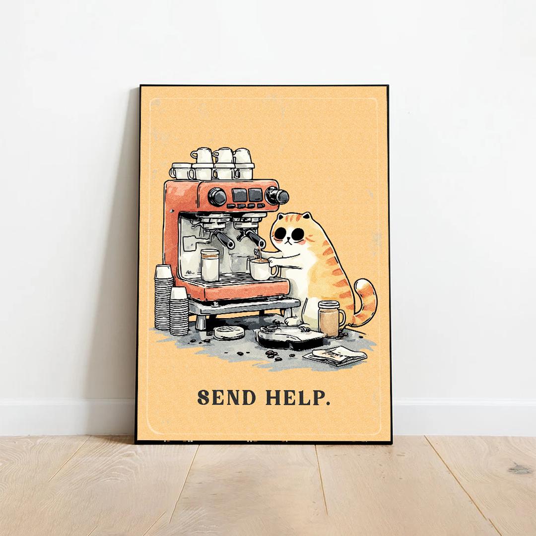 Funny Barista Cat Poster | "Send Help" Coffee Art Print