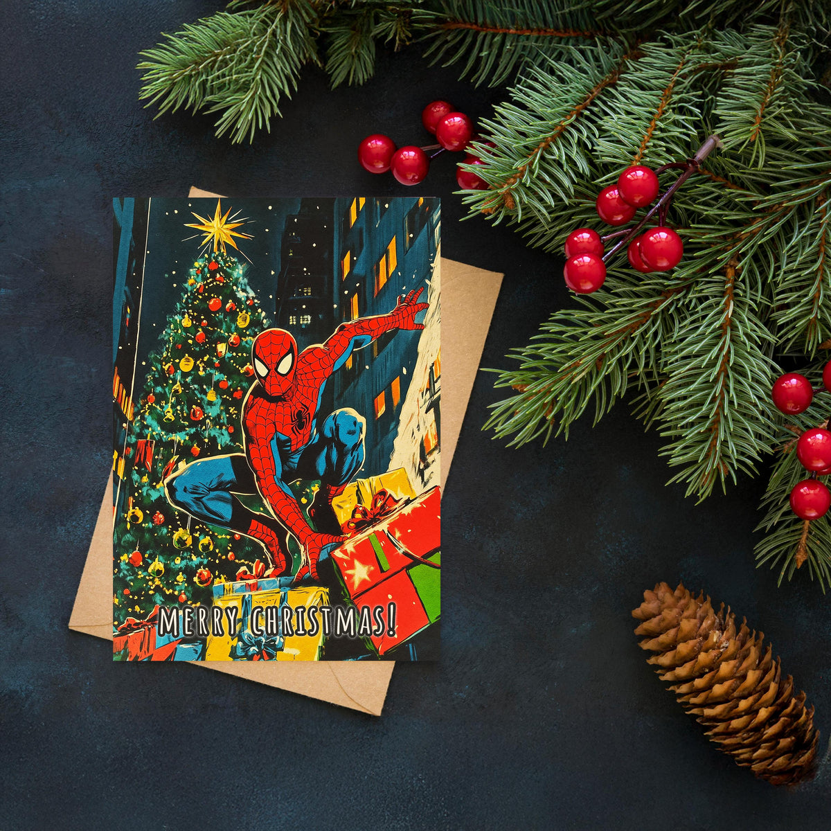 Spider-Man Christmas Card, Marvel Superhero Xmas Card, Spiderman Holiday Card, Comic Book Christmas, Superhero Gift, Geek Christmas