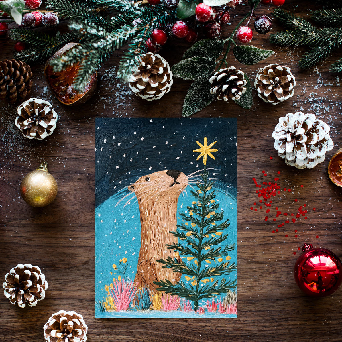 Otter Christmas Card, Cute Otter Christmas Greeting, Woodland Christmas Card, Christmas Animal Card, Winter Otter Gift, Nature Lover Gift