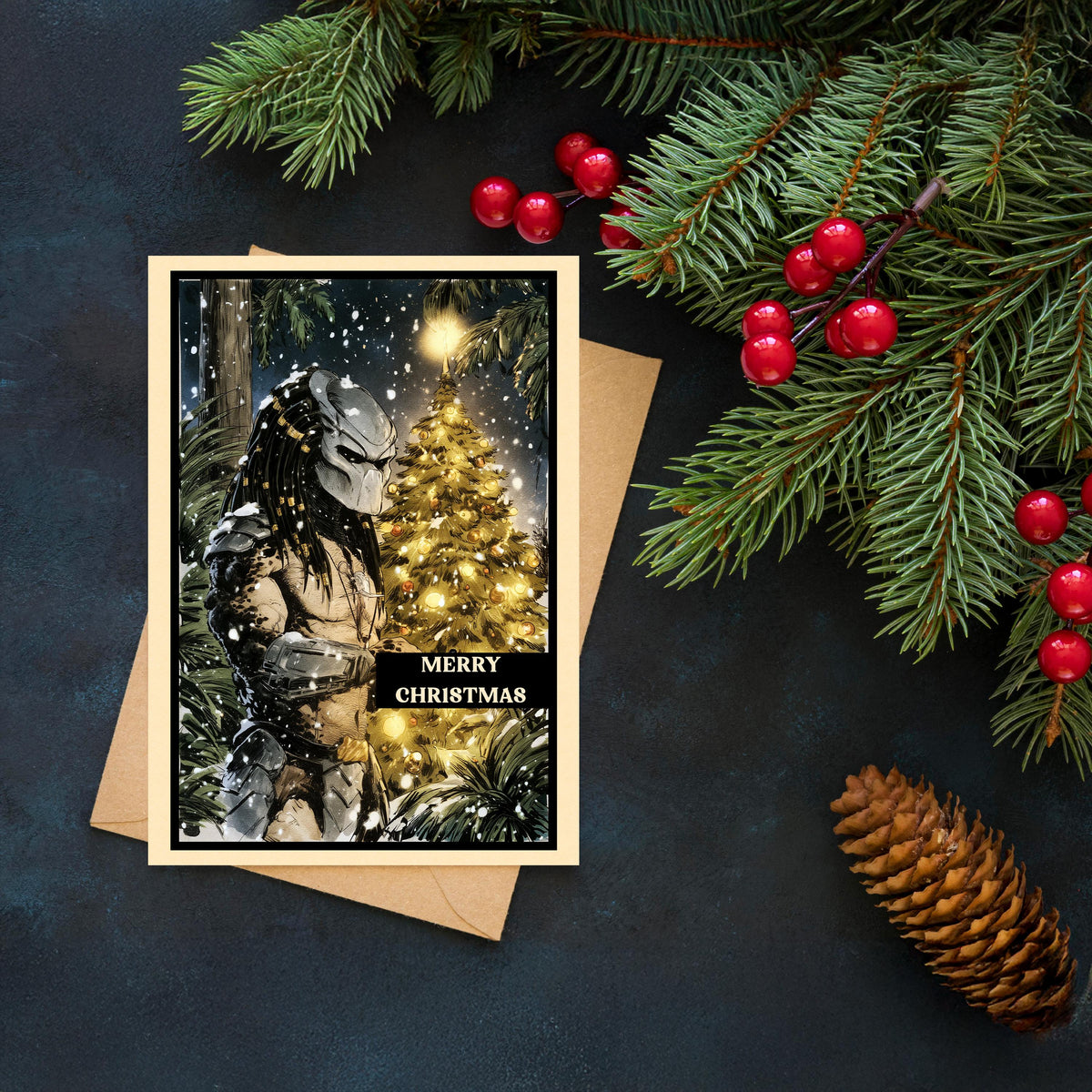 Predator Christmas Card, Predator Holiday Card, Sci Fi Christmas Card, Alien Hunter Christmas, Horror Christmas Gift, Geeky Holiday Card