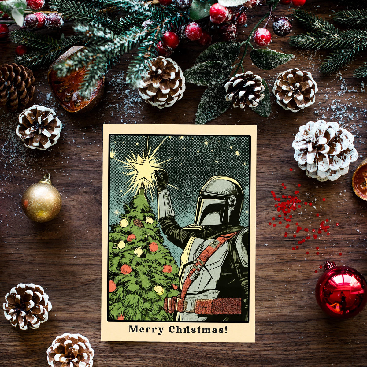 Mandalorian Christmas Card, Star Wars Christmas Card, Mando Holiday Card, Sci Fi Christmas Greeting, Funny Geeky Christmas Gift