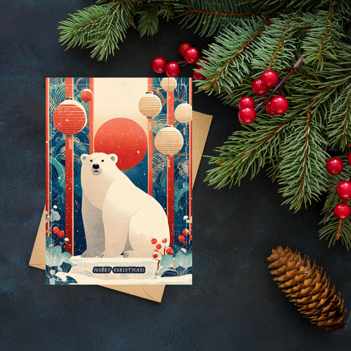 Polar Bear Christmas Card | Japanese Art Style Holiday Greeting