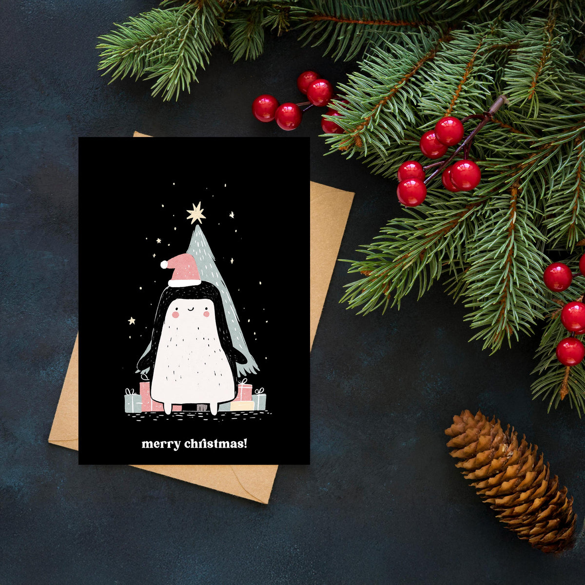 Penguin Christmas Card, Cute Penguin Christmas, Winter Penguin Greeting Card, Snowy Christmas Card, Penguin Lover Gift, Cute Animal Card