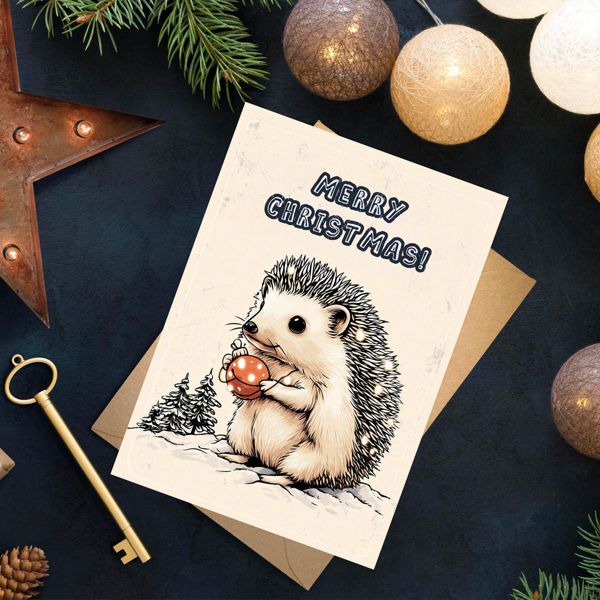 Funny Hedgehog Christmas Card | Japanese Art Style Holiday Greeting