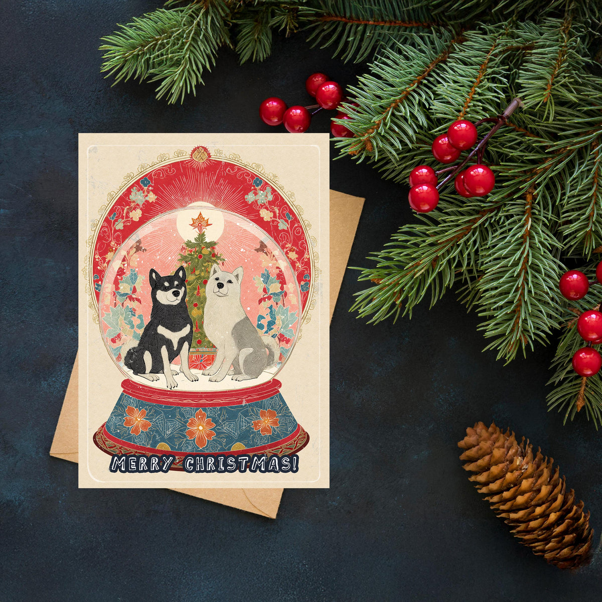 Dog Snow Globe Christmas Card | Japanese Art Holiday Greeting