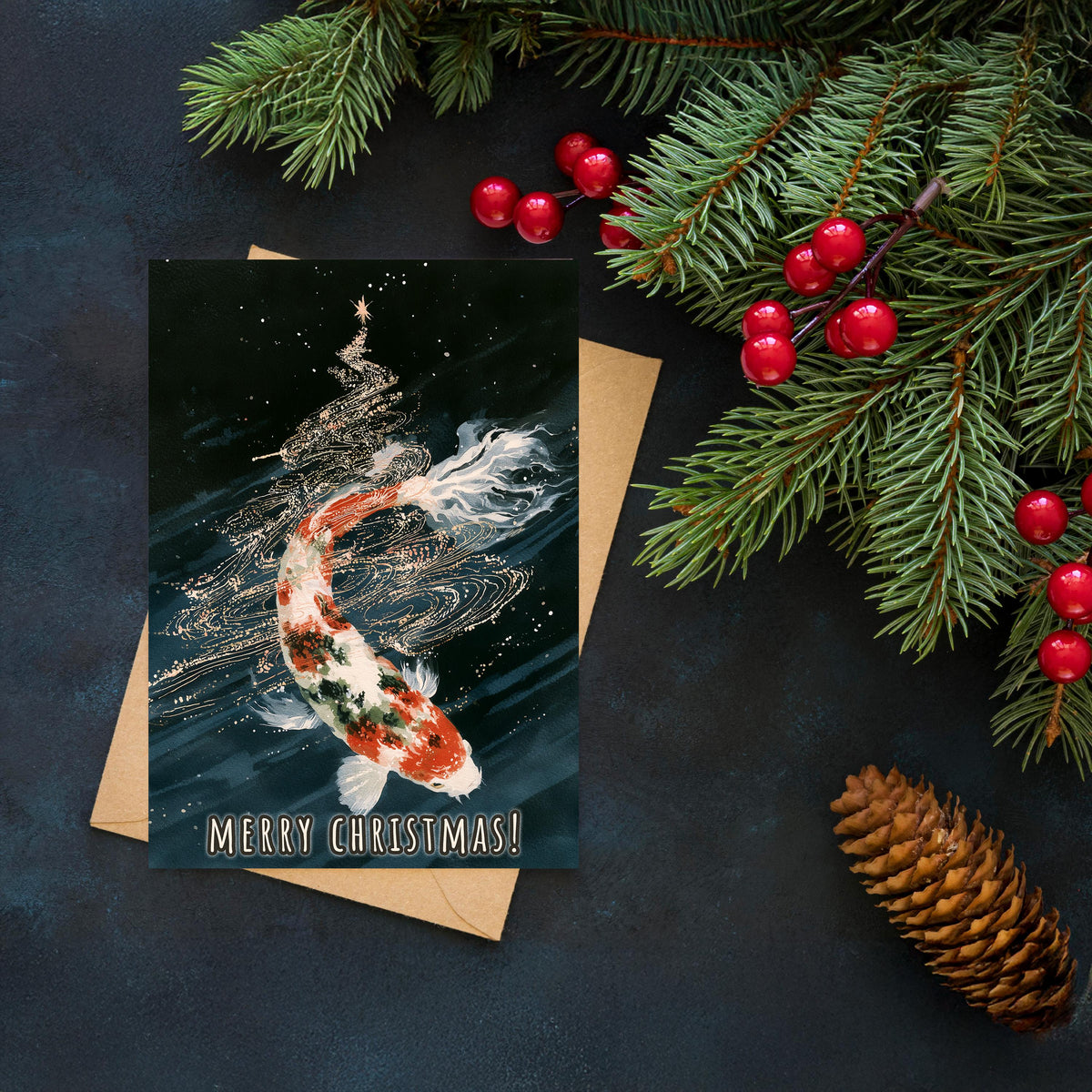 Koi Fish Christmas Card, Japanese Christmas Card, Koi Pond Holiday Card, Japanese Art Xmas Card, Goldfish Christmas Gift, Zen Card