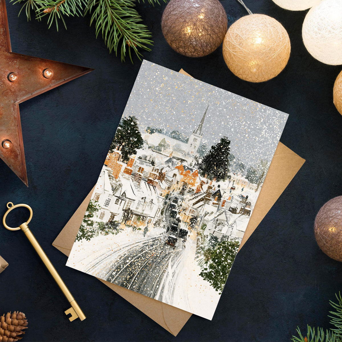 Vintage Winter Village Christmas Card, Snowy Christmas Town Greeting Card, Traditional Holiday Card, Cozy Winter Scene, Christmas Card