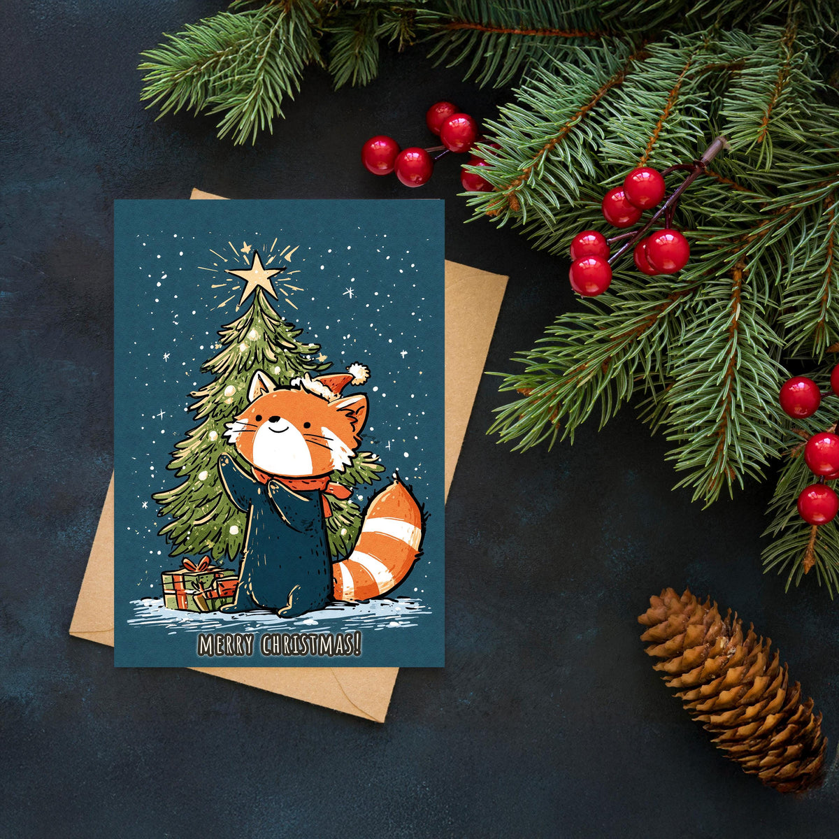 Red Panda Christmas Card, Cute Red Panda Xmas Card, Kawaii Animal Card, Woodland Christmas Card, Red Panda Gift, Winter Holiday Card