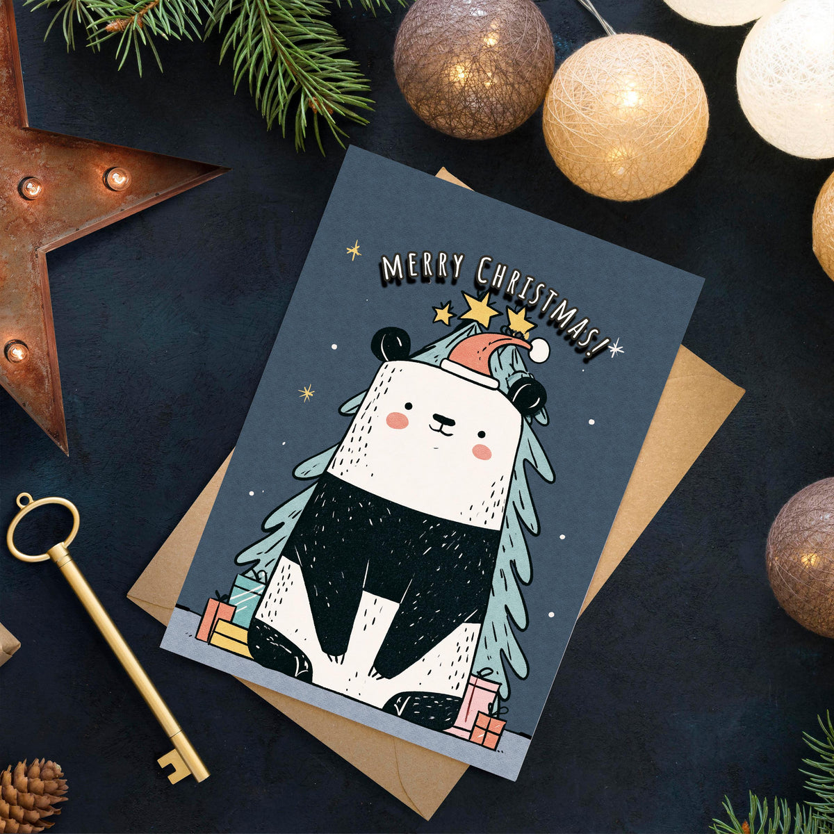 Panda Christmas Card, Cute Panda Xmas Card, Kawaii Christmas Card, Panda Holiday Greeting, Cute Animal Christmas Gift